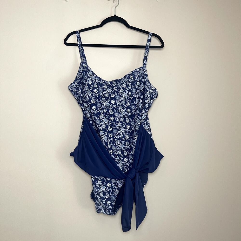 Midnight by Carole Hochman Blue Floral‎ Tie Bow Belt Pull On Swimsuit Womens XXL